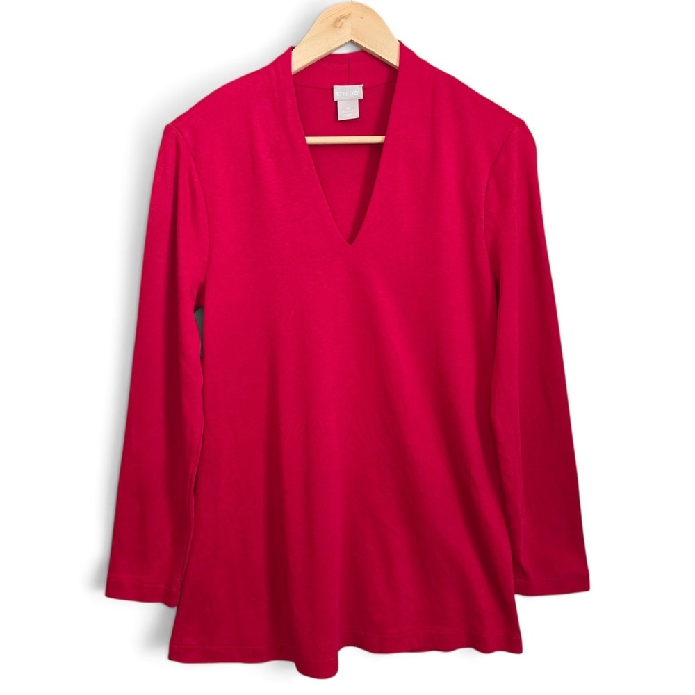 Chicos Top Womens 0 US Small Red V Neck Long Sleeve Knit Pima Cotton Casual